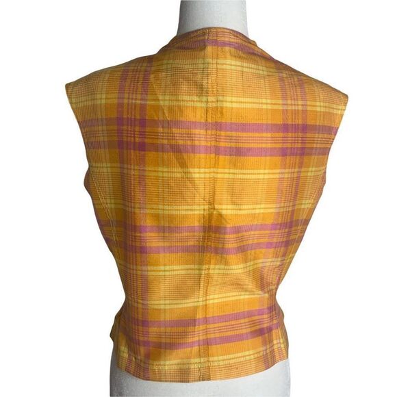 Vintage Silk Sleeveless Button Down Top 8 Orange Plaid Flower Buttons V Neck - Picture 4 of 6
